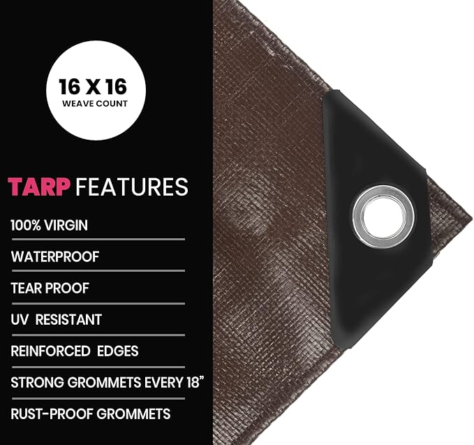 PROTARP Extreme Heavy Duty 22 Mil Tarp Cover, Waterproof, UV Resistant, Rip and Tear Proof, Poly Tarpaulin with Reinforced Edges for Roof, Camping, Patio, Pool, Boat. (Brown/Black 24′ X 36′)