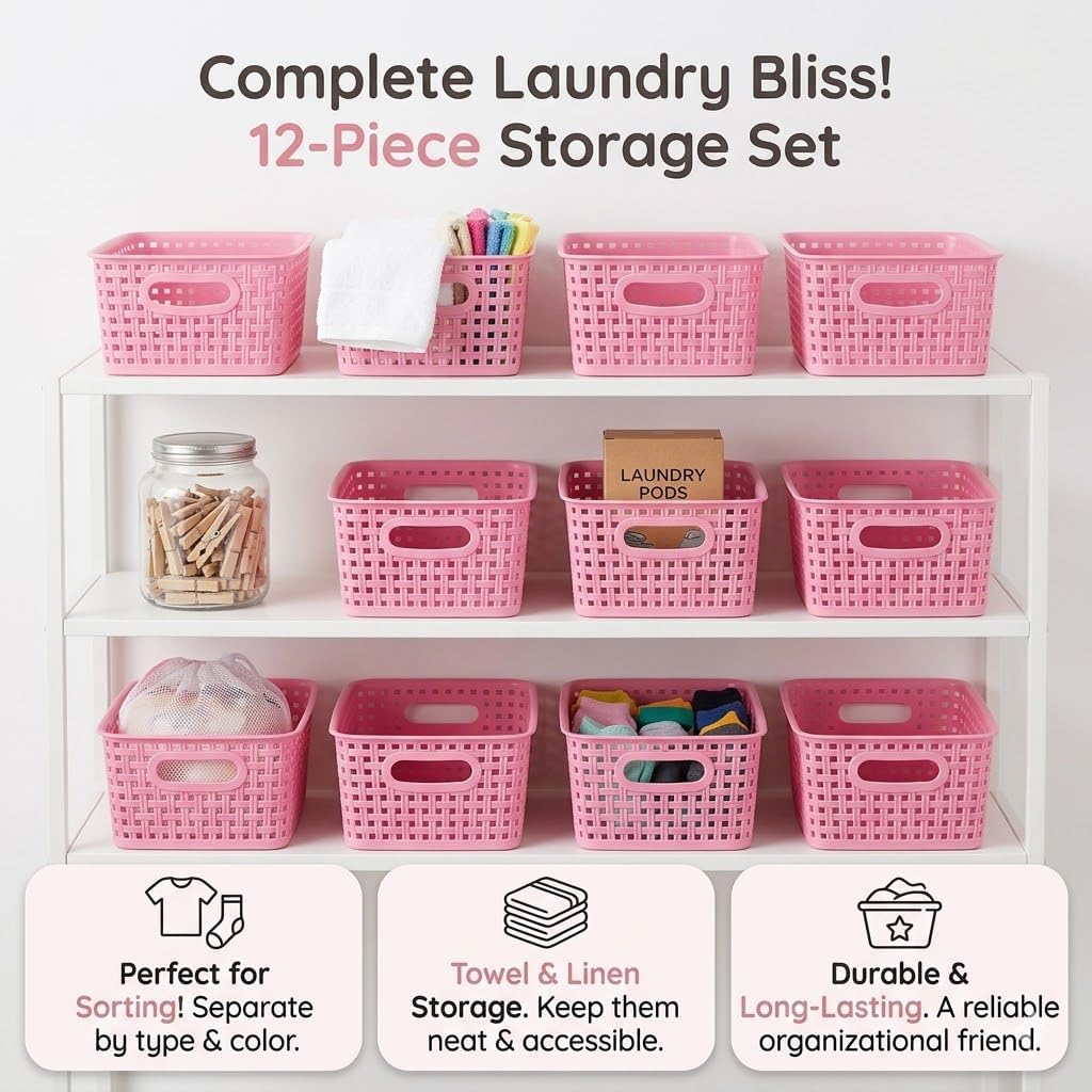 Plastic Storage Baskets/Bins, 12-Pack Stackable Pink Basket Organizer for Bathrooms, Kitchens, Countertops and Bedrooms
