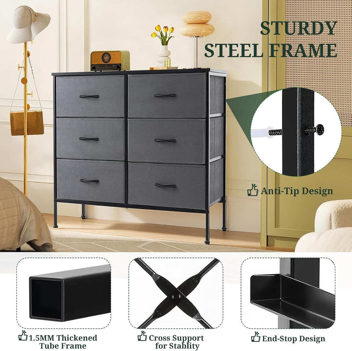 6-Drawer Dresser for Bedroom, Anti-Tip Wide Storage Organizer