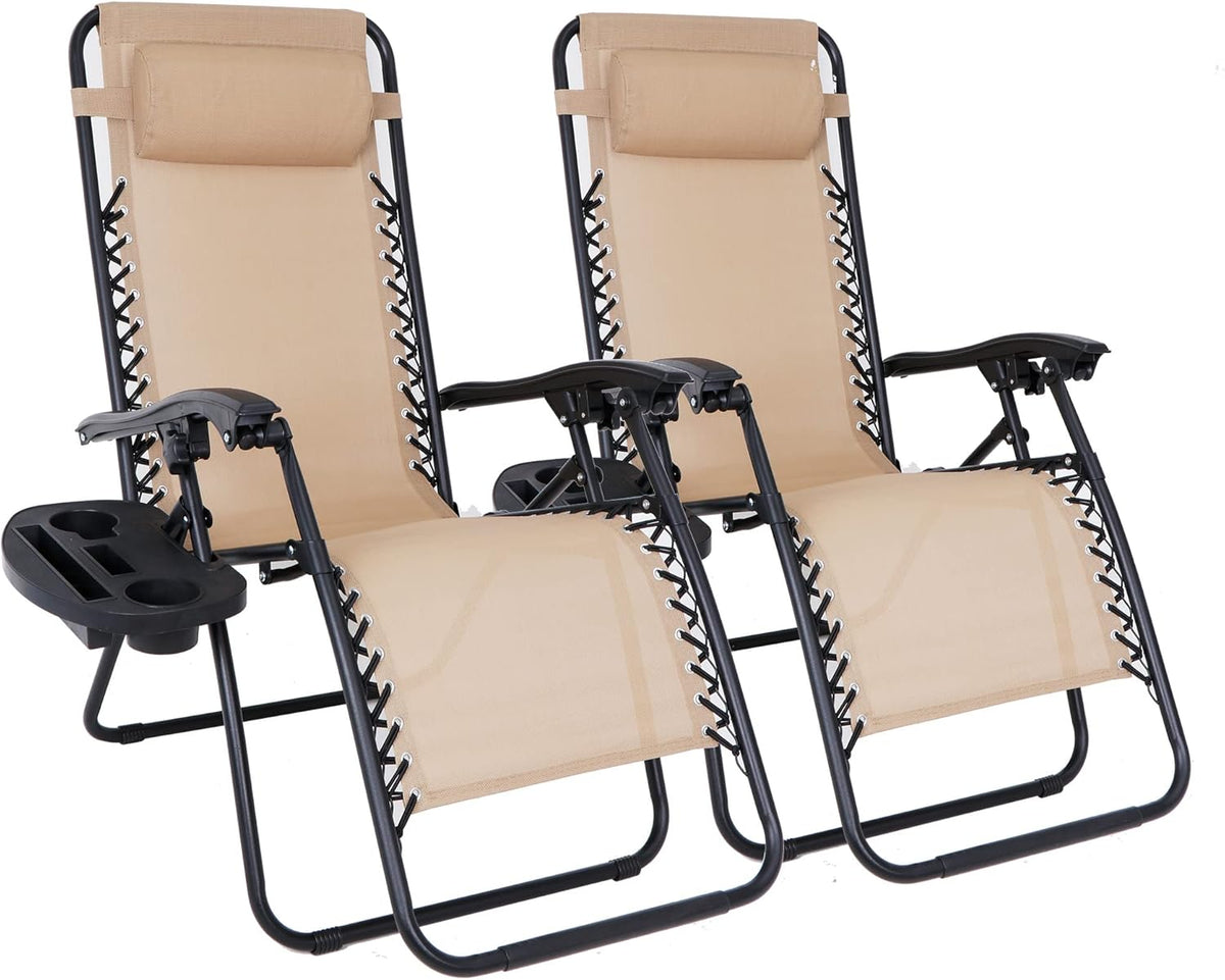 SUPER DEAL Zero Gravity Chair Set of 2 Folding Anti Gravity Recliner Outdoor Patio Beach Lounger Chair with Side Cup Holder Tray and Pillow for Patio, Poolside, Backyard, Deck, Heavy Duty Steel Frame