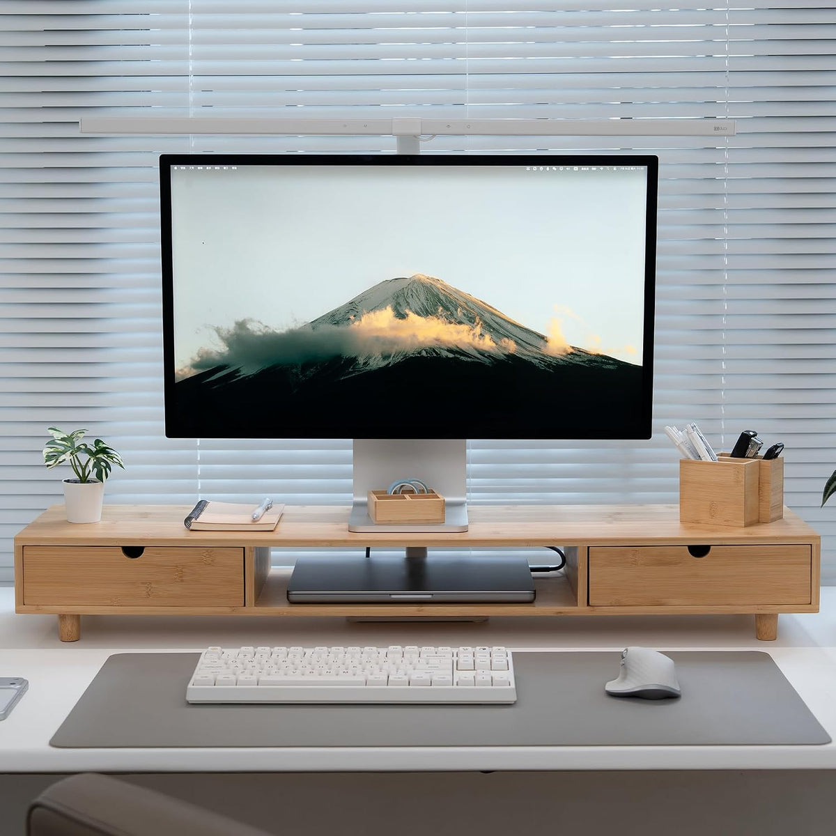 Bamboo Dual Monitor Stand, Natural Desk Shelf with 2 Drawers