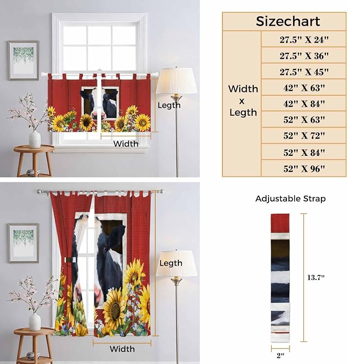 Cow Sunflowers Bedroom Curtains 72 Inch Length, Window Curtains Tab Top