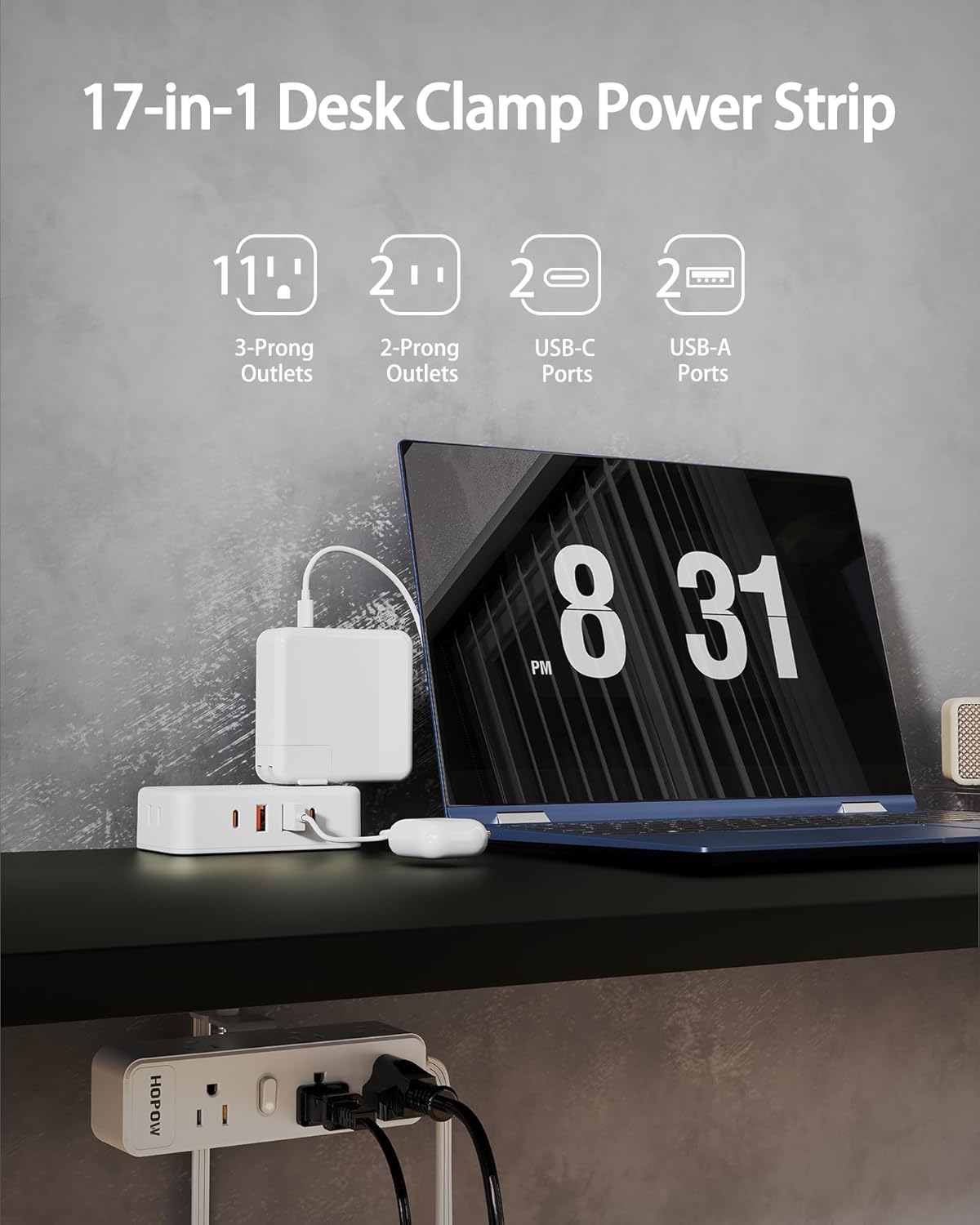HOPOW Dual Layer Desk Clamp Power Strip, 13 Outlets 4 USB, 10FT Cord, White