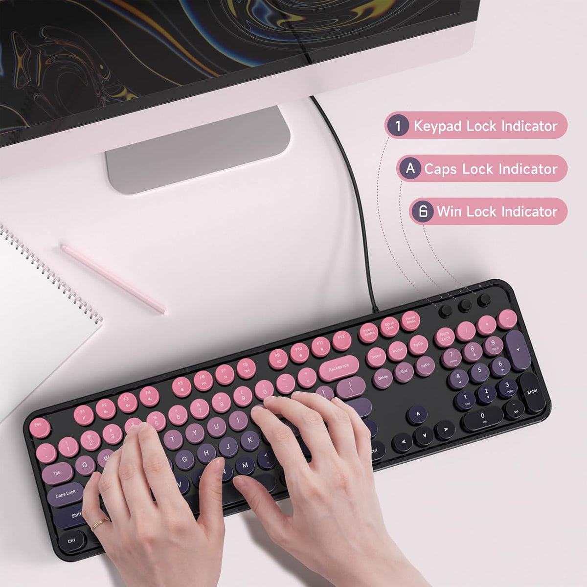 Wired Retro Keyboard, 104 Keys Full-Sized Typewriter Keyboards, Office Keyboard with Number Pad, Foldable Stands for Windows, PC, Laptop, Desktop (Plum Pink Gradient)
