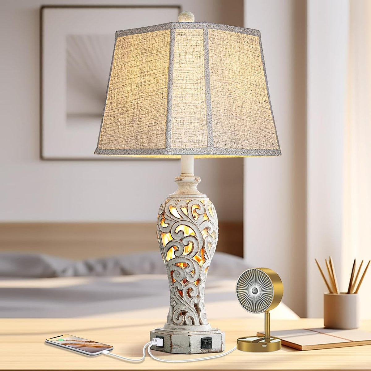 25'' Farmhouse Table Lamp for Living Room Bedroom with USB C+A