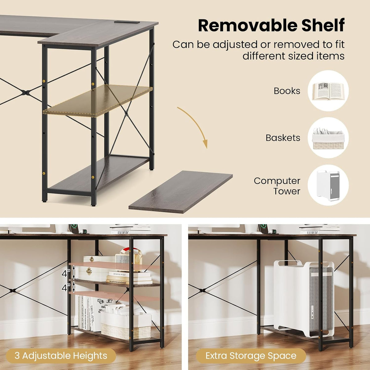 Tangkula L-Shaped Computer Desk with Reversible Shelves, 48 Inch Corner Computer Desk, Modern Writing Study Desk Home Office Workstation, Space Saving Design (48 Inch, Gray)