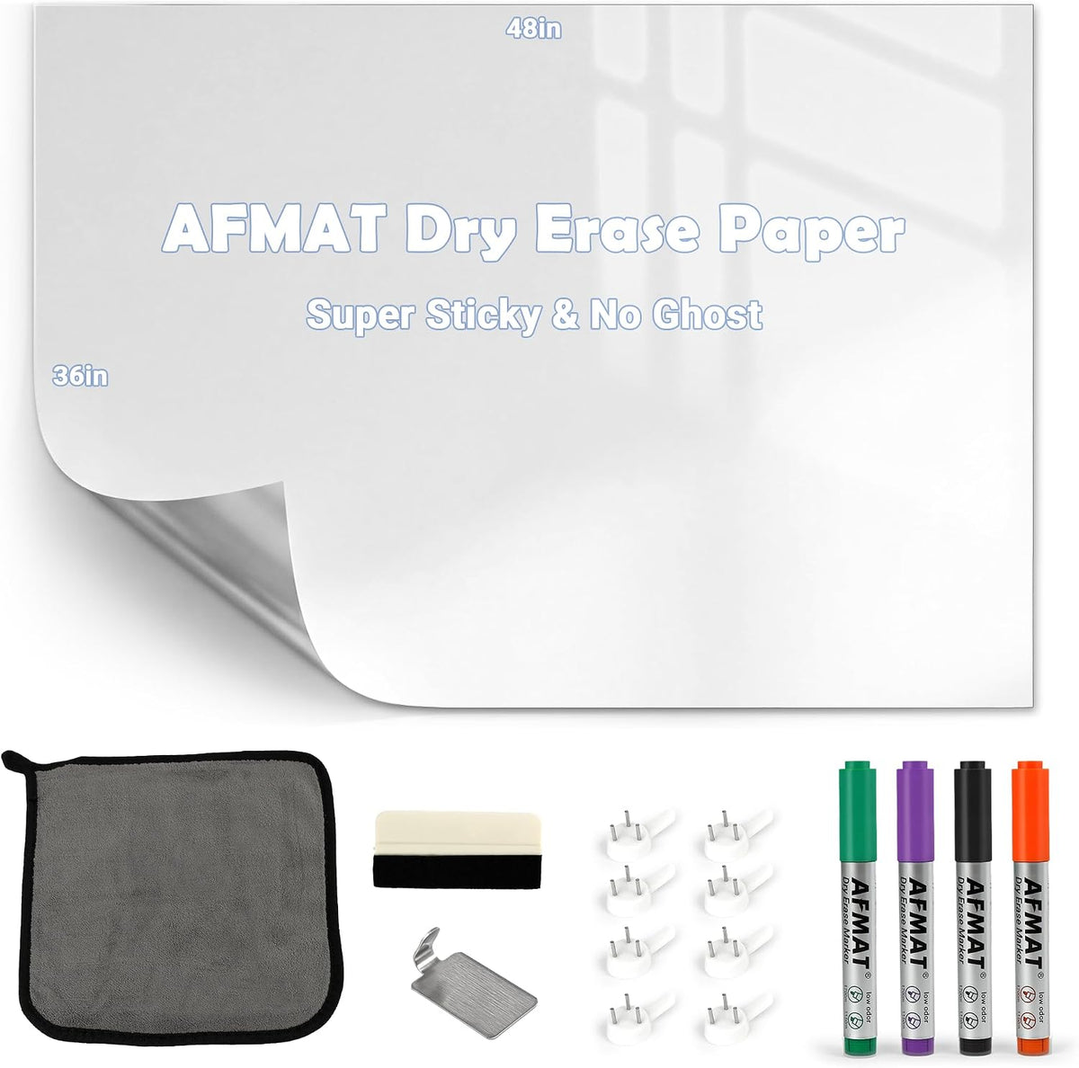 AFMAT White Board Dry Erase Paper, 48" x 36" Whiteboard Wallpaper, with 4 Markers, Stain-Proof & Super Sticky, No Ghost, 4' x 3' Peel and Stick Dry Erase Board Paper Roll for Wall/Home/Office