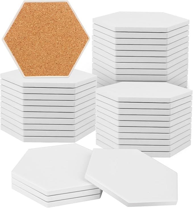 GNIEMCKIN 40 Pieces 3.75 Inch Hexagon Blank Ceramic Coasters, Unglazed |