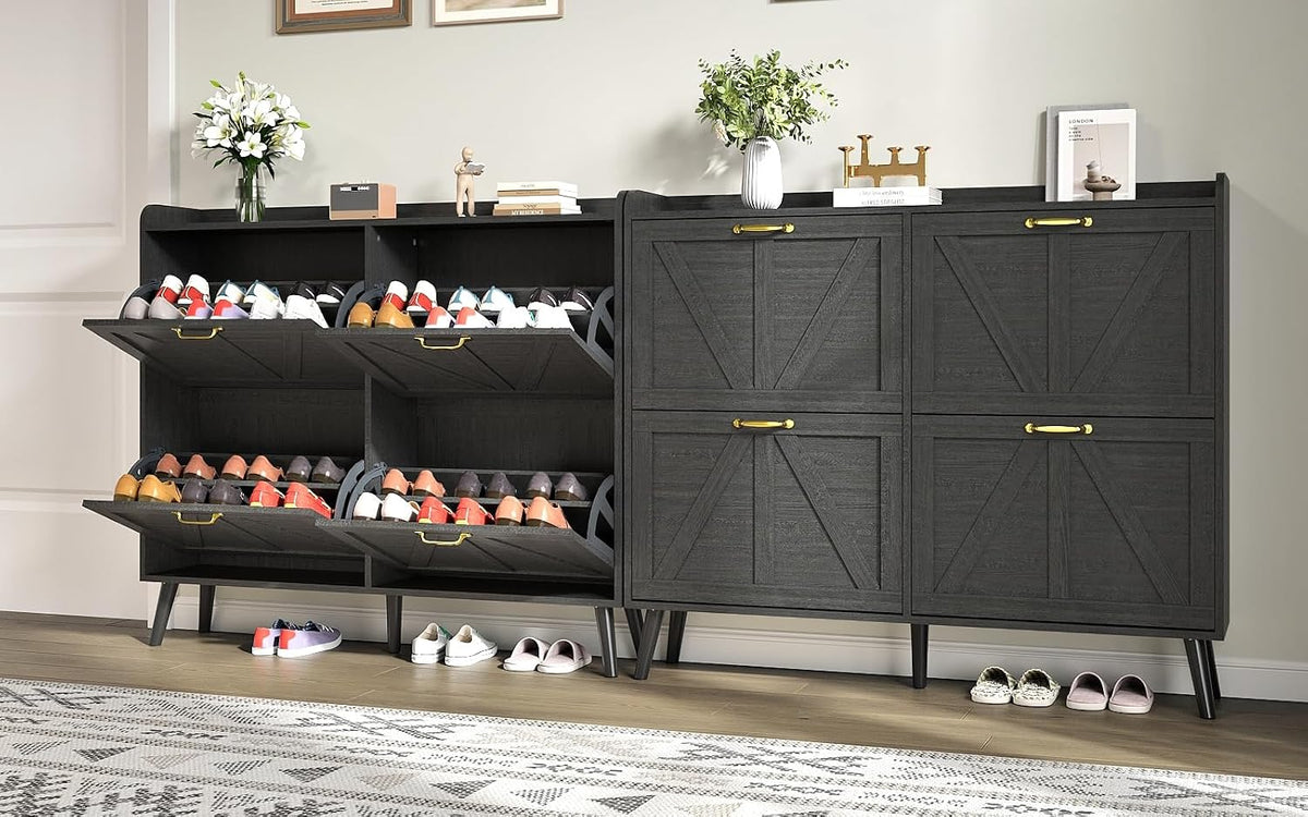 Farmhouse Shoe Cabinet Storage with 4 Flip Drawers, Black丨Shoe Cabinet for Entryway Slim, Freestanding Shoe Cabinet, Farmhouse Shoe Organizer Hidden Shoe Cabinets with Wooden Legs