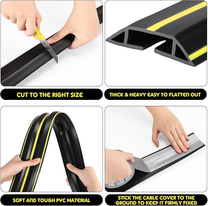 Pangda 10 FT Floor Cable Cover Heavy Duty Cord Cover Protector Power Cable Protector Soft Extension, Organize and Protect Wire on Floor for Home Office or Outdoor Settings (Black, Yellow)