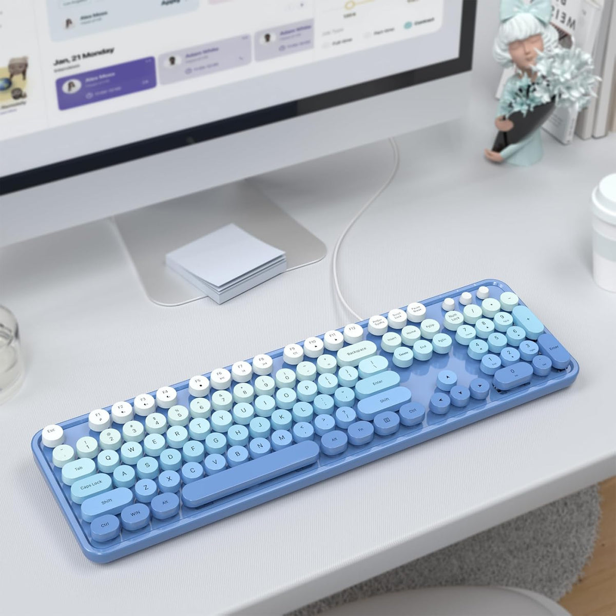 Wired Retro Keyboard, 104 Keys Full-Sized Typewriter Keyboards, Office Keyboard with Number Pad, Foldable Stands for Windows, PC, Laptop, Desktop (Blue Gradient)