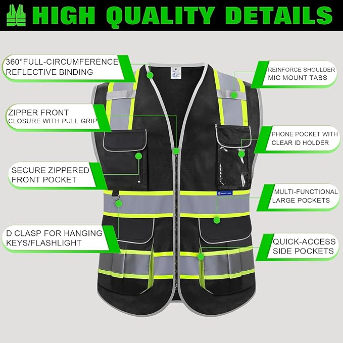 BeautyWill Custom Logo 10 Pockets Safety Vest Class2 ANSI Certified High Visibility Reflective Vest