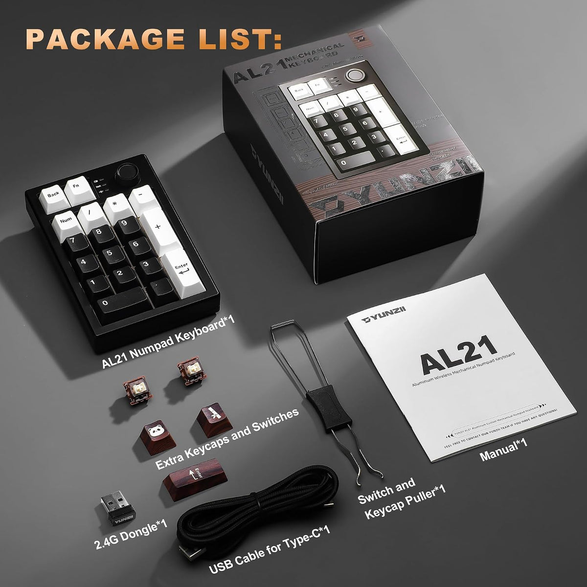 YUNZII AL21 Aluminum Wireless Number Pad (Black, Cocoa Cream V2 Switch)