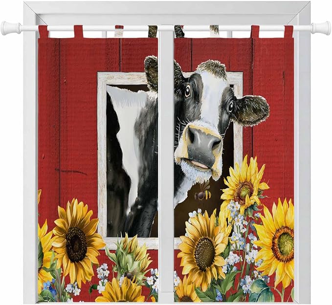 Cows Sunflowers Living Room Curtains 84 Inch Length, Window Curtains Tab Top