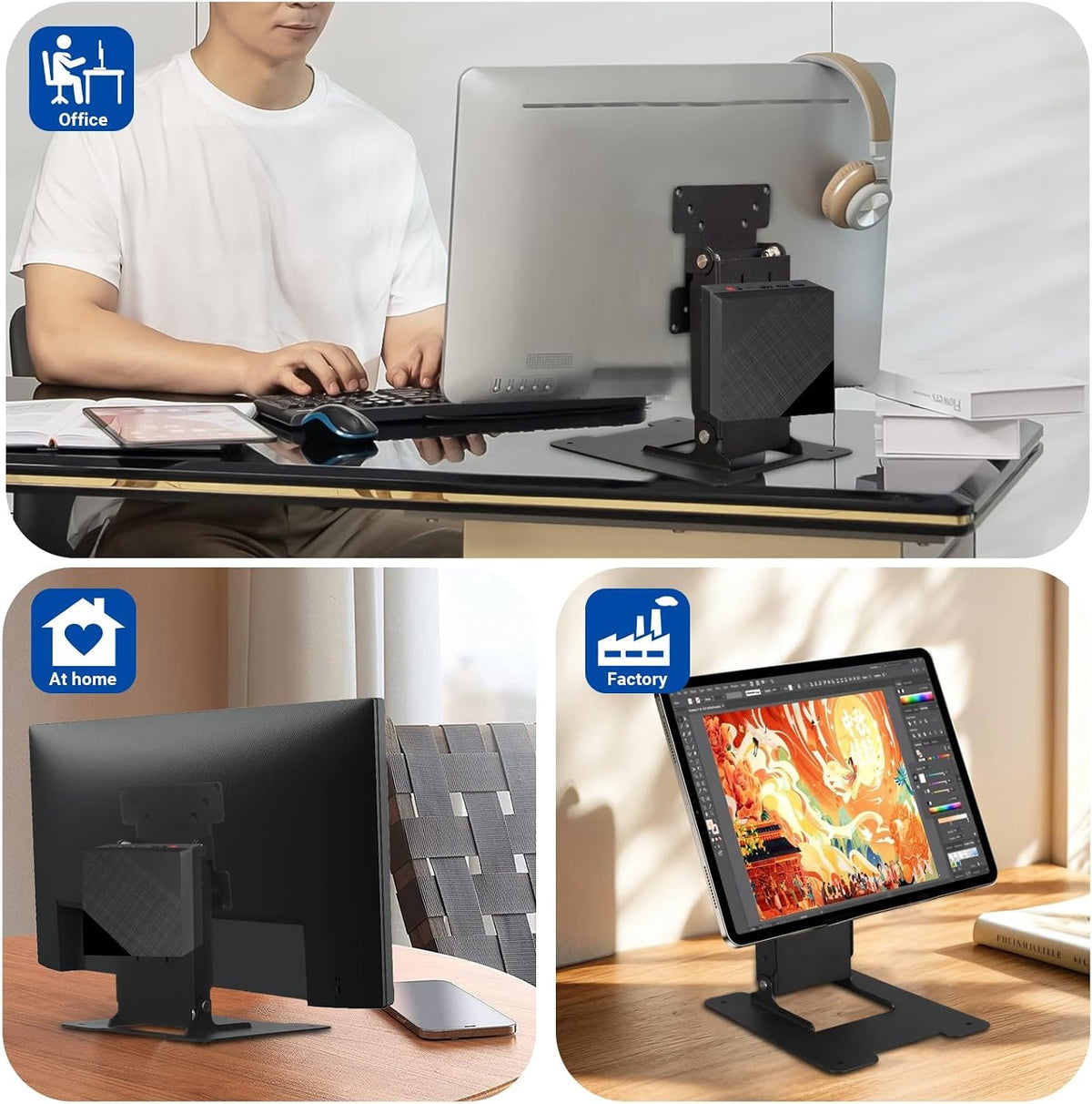 WEARSON Touch Monitor VESA 75 100 50 and Mini PC VESA 75 Back-to-Back Dual Mount All Metal Stable Leaning Low Profile