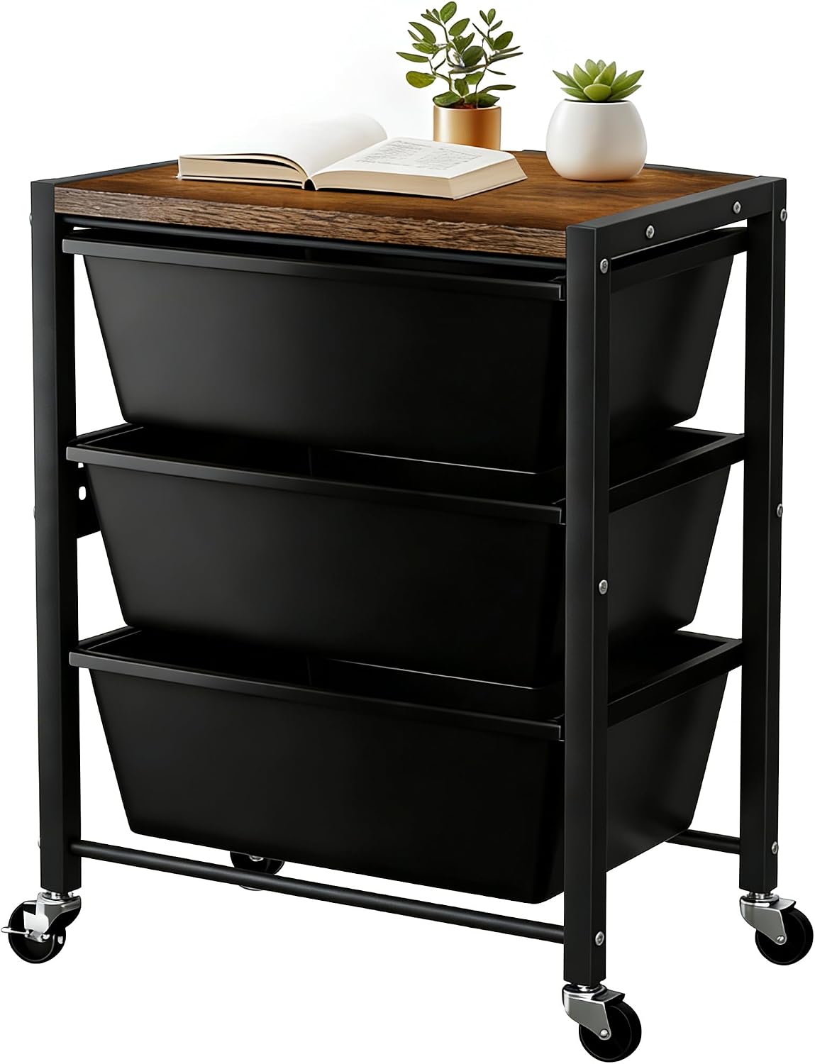 Rolling Cart with 3 Drawers, Plastic Drawer Storage Carts with Lockable Wheels & Wooden Tabletop, Metal Utility Cart Organizer, Office Bedroom Classroom Craft Organization and Storage, Dark Black