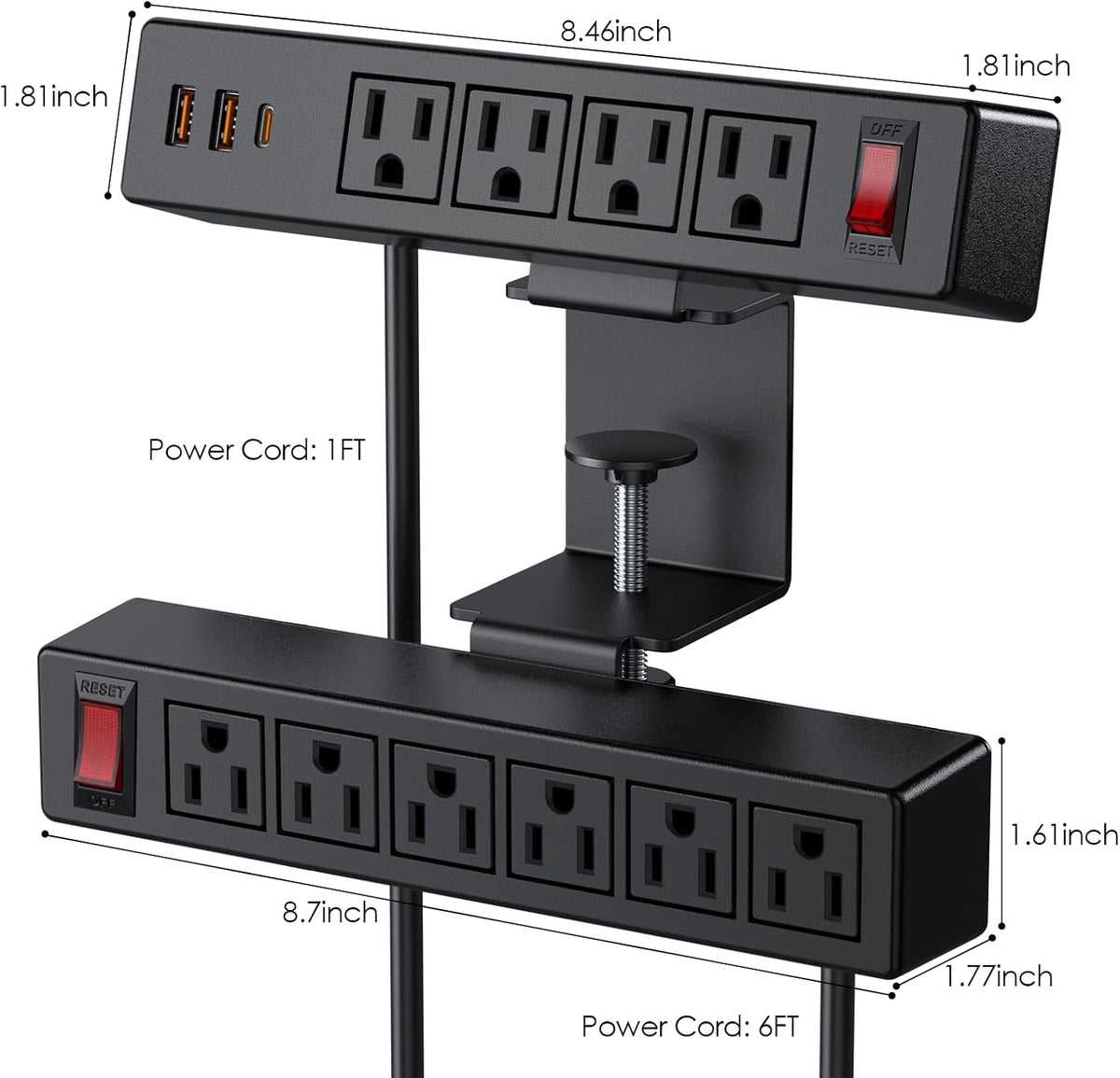 VILONG Dual Layer Desk Clamp Power Strip, 20W USB-C, 700J Surge Protector