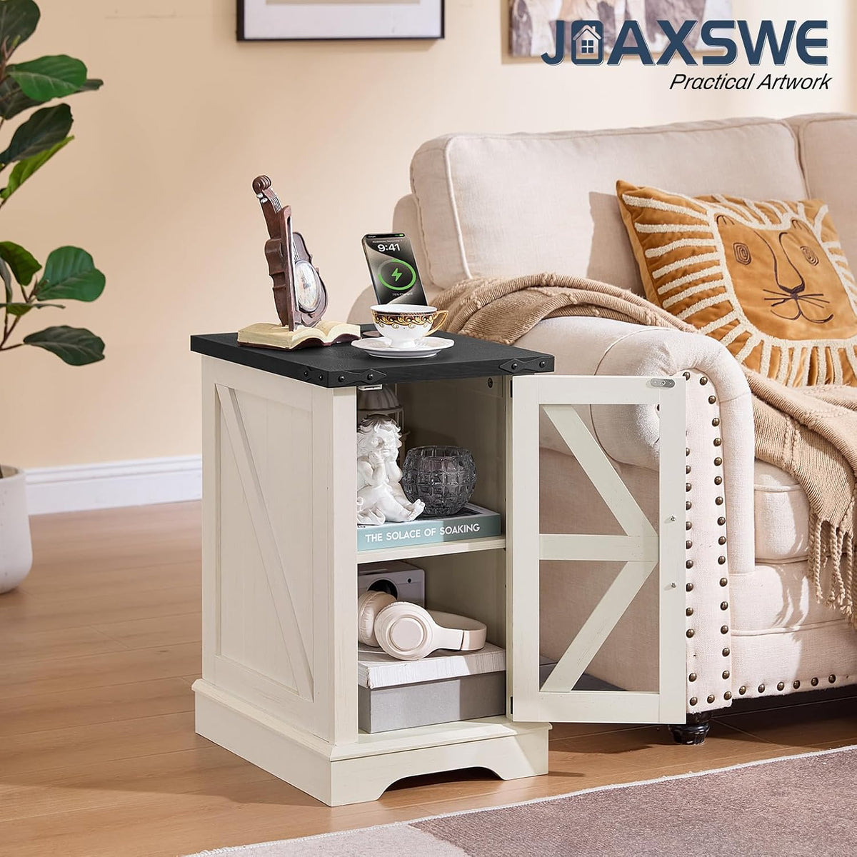 Joaxswe Narrow Night Stand with Charger Station, Glass Barn Door