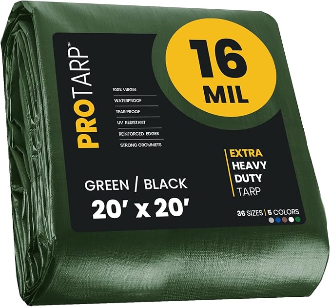 PROTARP Extra Heavy Duty 16 Mil Tarp Cover, Waterproof, UV Resistant, Rip and Tear Proof, Poly Tarpaulin with Reinforced Edges for Roof, Camping, Patio, Pool, Boat. (Green/Black 20′ X 20′)