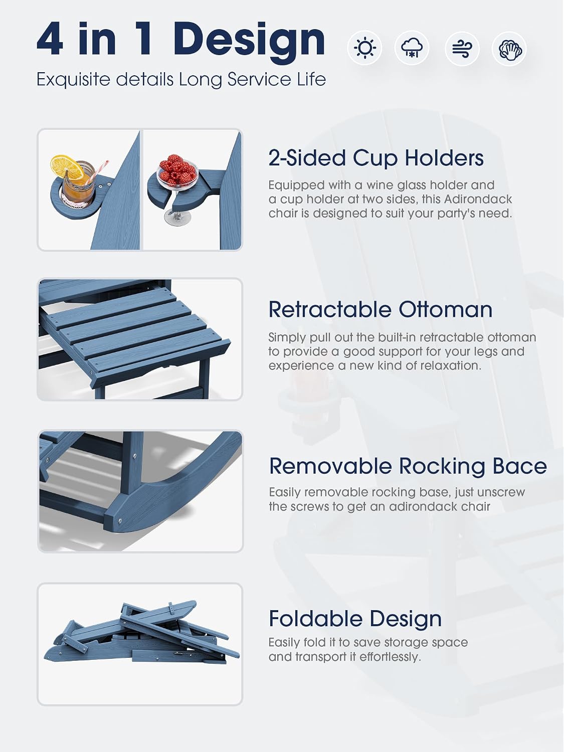 KINGYES HDPE Adirondack Rocking Chair with Footrest and Cup Holders