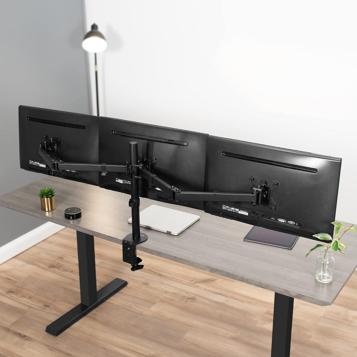 VIVO Triple Monitor Adjustable Desk Mount, Articulating Tri Stand, Holds 3 Screens up to 24 inches, Black, STAND-V003Y