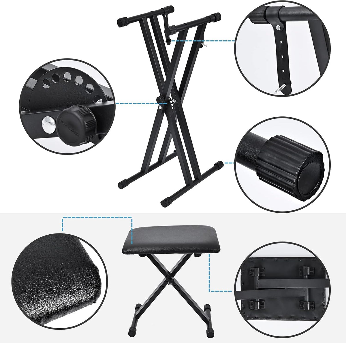 Keyboard Stand & Bench Set, Upgrade Heavy Duty Double-X Keyboard Stand, Adjustable & Portable Digital Piano Stand with Locking Straps