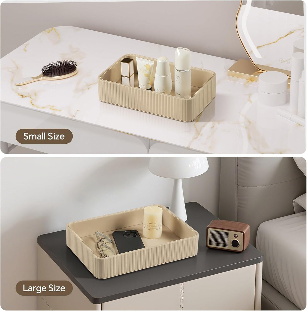 Desk Organizer Tray, PU Leather Nightstand Organizer, Beige 2-Pack