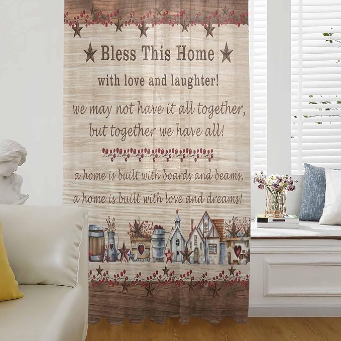 Farmhouse Sheer Curtains 54 Inch Length Brown Country Star Berry Vintage Wood