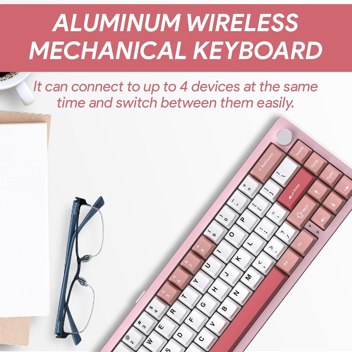 EMB Nabi Series NB1 65% Wireless Mechanical Gaming Keyboard, 66 Keys, CNC Aluminum, RGB, Hot-Swappable, 4600mAh, Milk Linear Switches, Wired/Bluetooth/2.4G (Silver/Pink)
