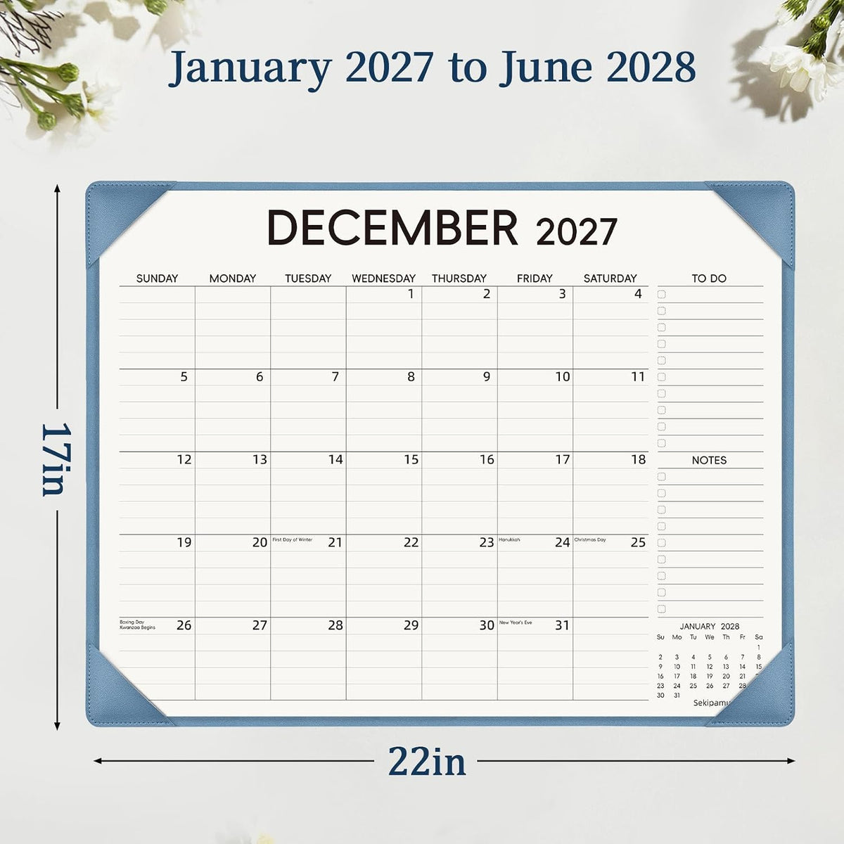 Desk Calendar 2027-2028 with Desktop Mat – January 2027 to June 2028 Desk Calendar Large 22x17 inch, Monthly Big Desktop Calendar for Home Office School (Blue)