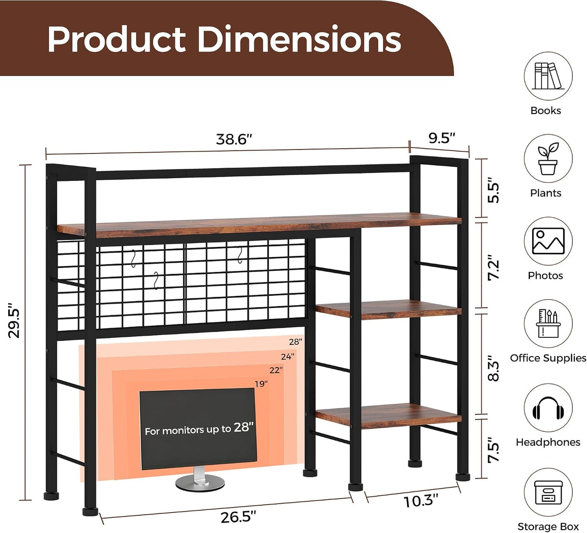 Desk Shelf,38.6" Desk Organizer Shelf,Wooden Desk Hutch for Computer Monitor,4 Tier Desk Display Rack with Pegboard Hooks Set for Home Office Dorm Storage,UXBZJ101Z