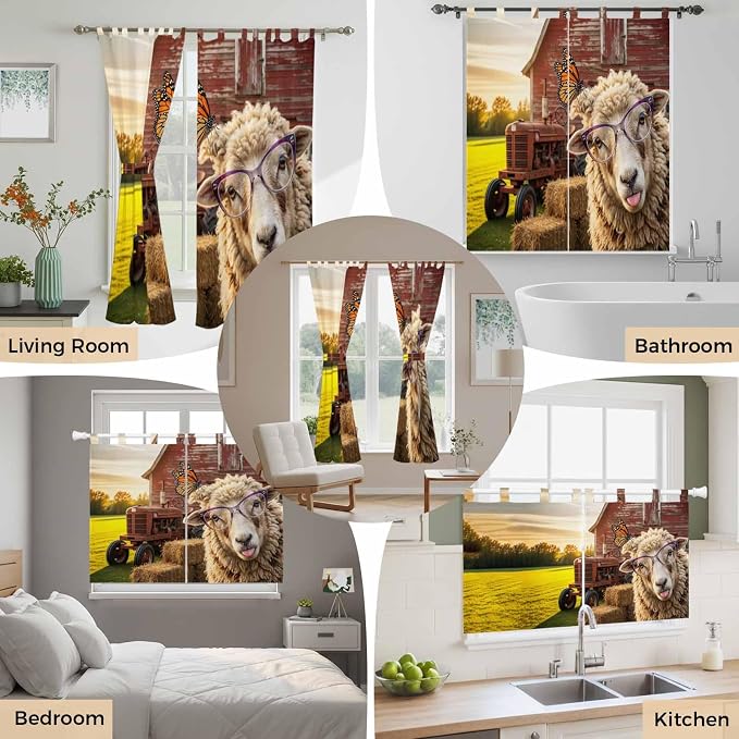 Farm Sheep Kitchen Curtains 45 Inch Length, Short Cafe Window Curtains Tab Top
