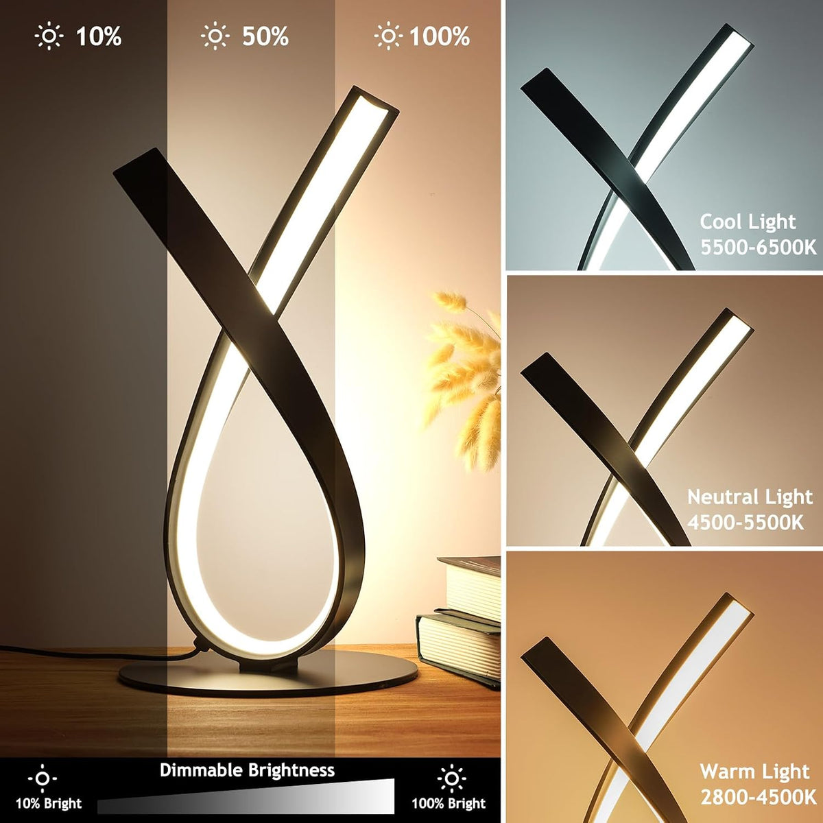 NUÜR Black Spiral LED Table Lamp, Stepless Dimmable Bedside Lamp
