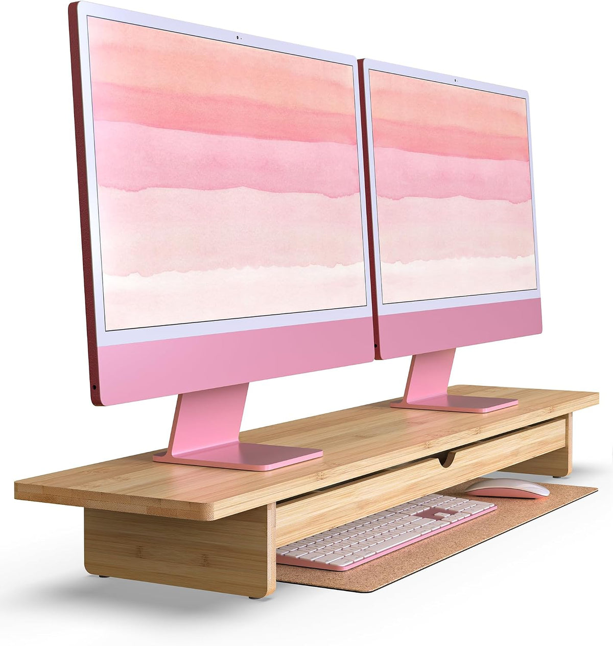 Dual Monitor Stand Riser with Drawer,Wood Desk Storage Shelf