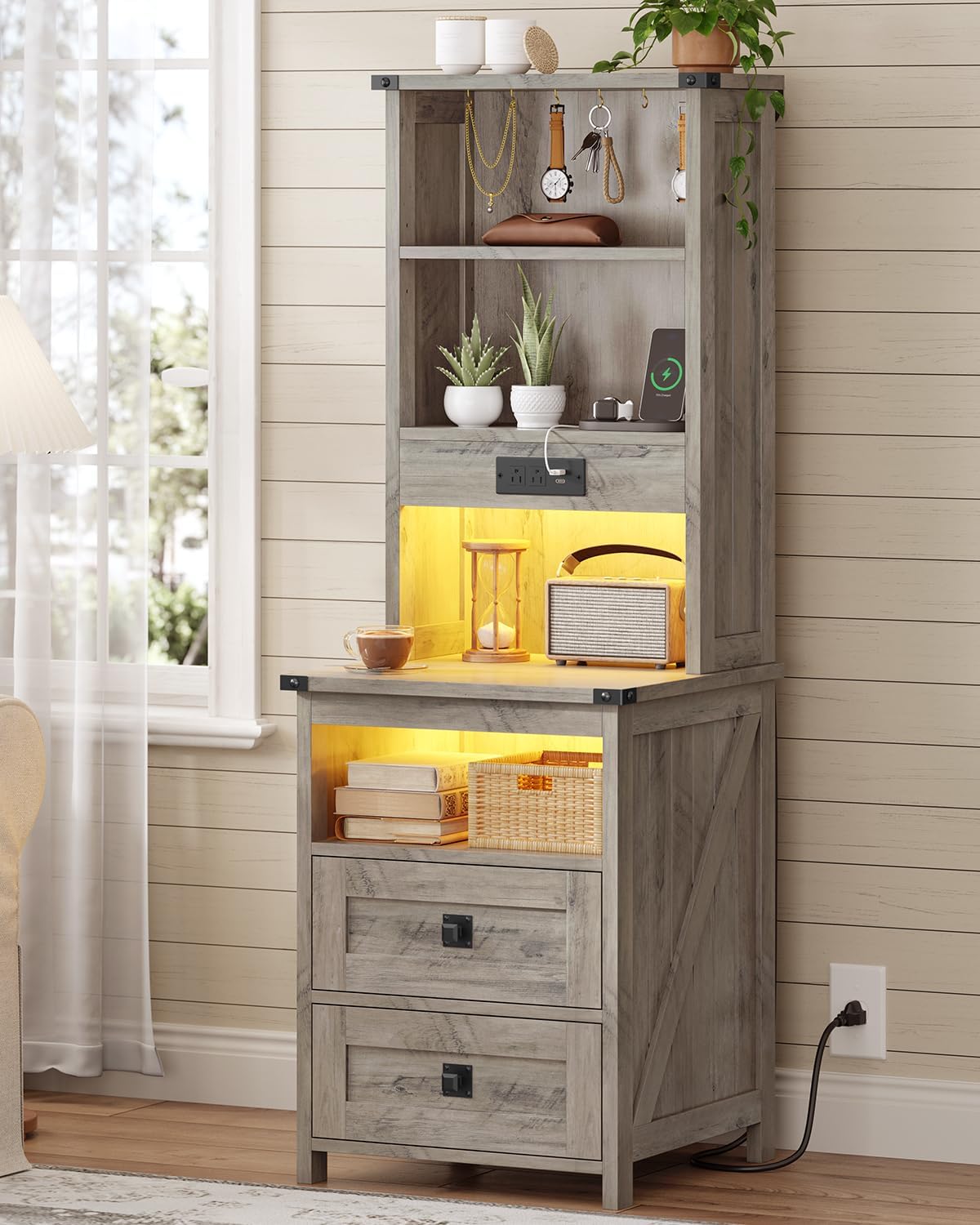 Farmhouse Tall Nightstand with Charging Station and 2 Drawers,Led Night Stand with Bookshelf,Bedside End Side Table with 6 Hooks and Storage Shelves for Bedroom,Grey