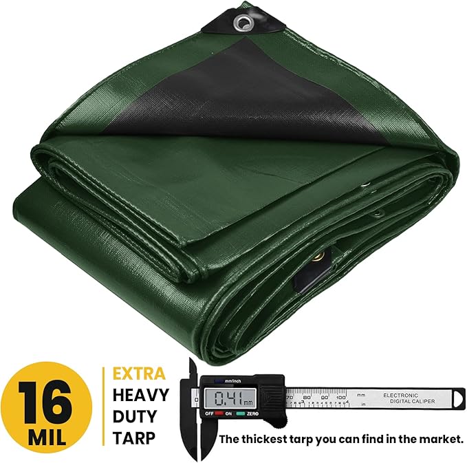 PROTARP Extra Heavy Duty 16 Mil Tarp Cover, Waterproof, UV Resistant, Rip and Tear Proof, Poly Tarpaulin with Reinforced Edges for Roof, Camping, Patio, Pool, Boat. (Green/Black 24′ X 50′)