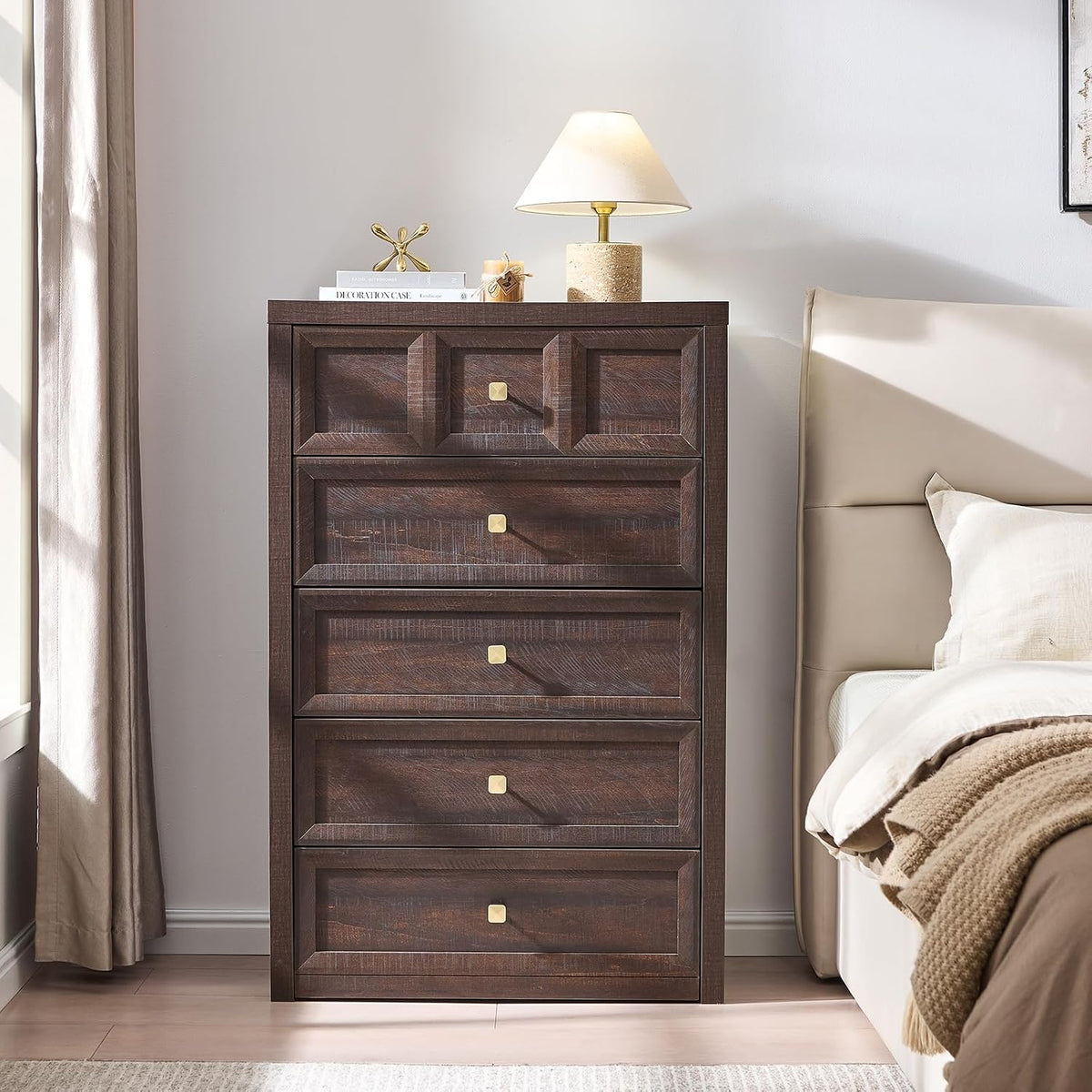 5 Drawers Dresser for Bedroom, 45.7" Tall Large Dresser & Chests of Drawers with Metal Handle, Clothes Storage Organizer w/Natural Texture for Bedroom, Brown