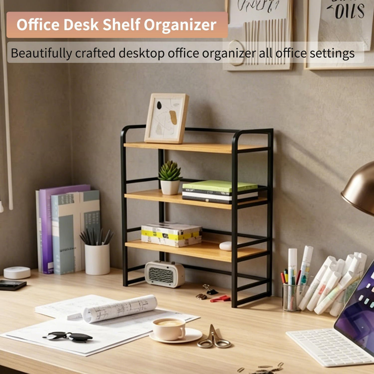 Office Desk Shelf Organizer, Wood Desktop Bookshelf Supplies Storage Rack, Shelf for Top of Desk and Dresser and Cubicle Decor Aesthetic Bookshelf (Black Black, Three Tier, 11.81Lx7.87Wx22.05H)