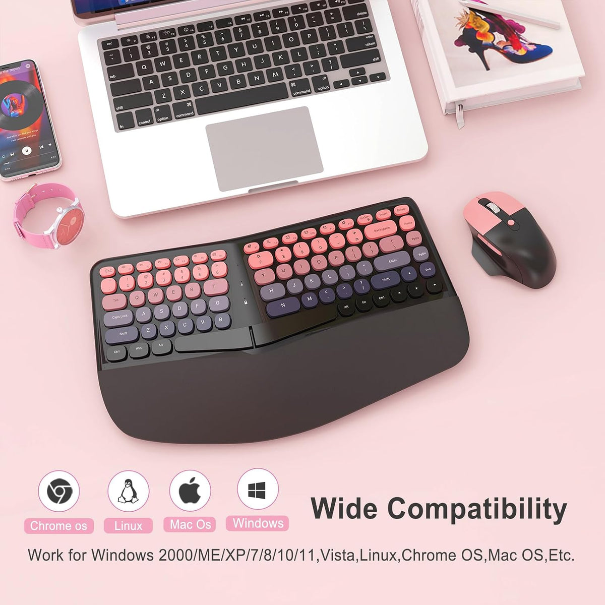 Ergonomic Wireless Keyboard Mouse, Mechanical Gaming Set with Wrist Rest