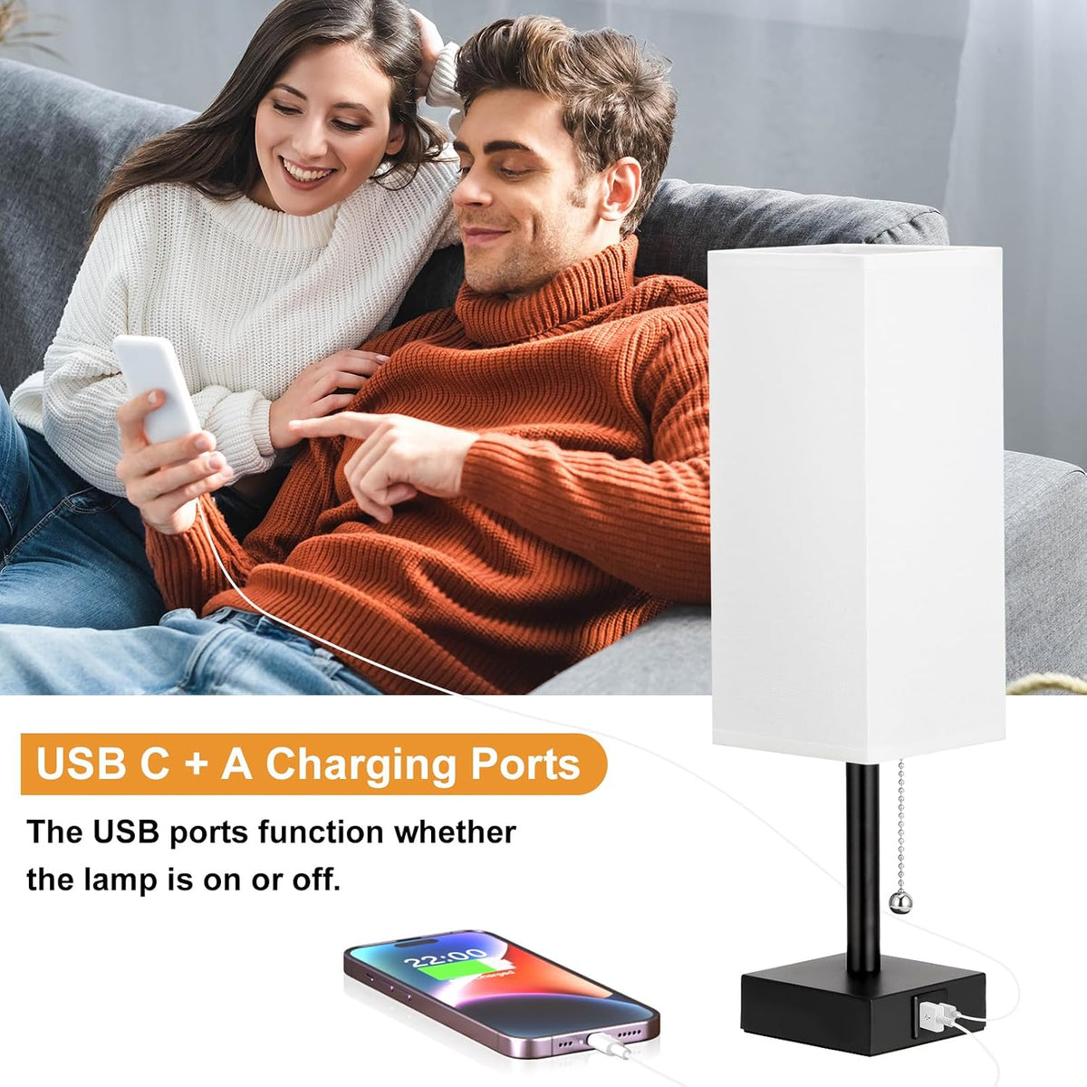 Set of 2 White Bedside Table Lamps for Bedroom - Nightstand Lamp, USB C+A