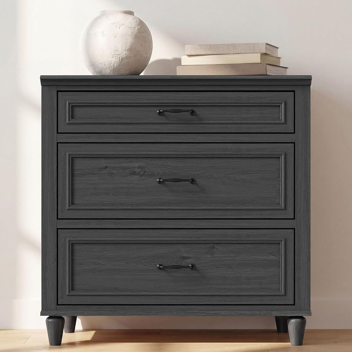3 Drawer Dresser for Bedroom Set of 2, 31.5" Wide Modern Closet Chest of Drawers with Metal Handles,Wood Nightstand Storage Organizer for Living Room, Hallway, Black Grey