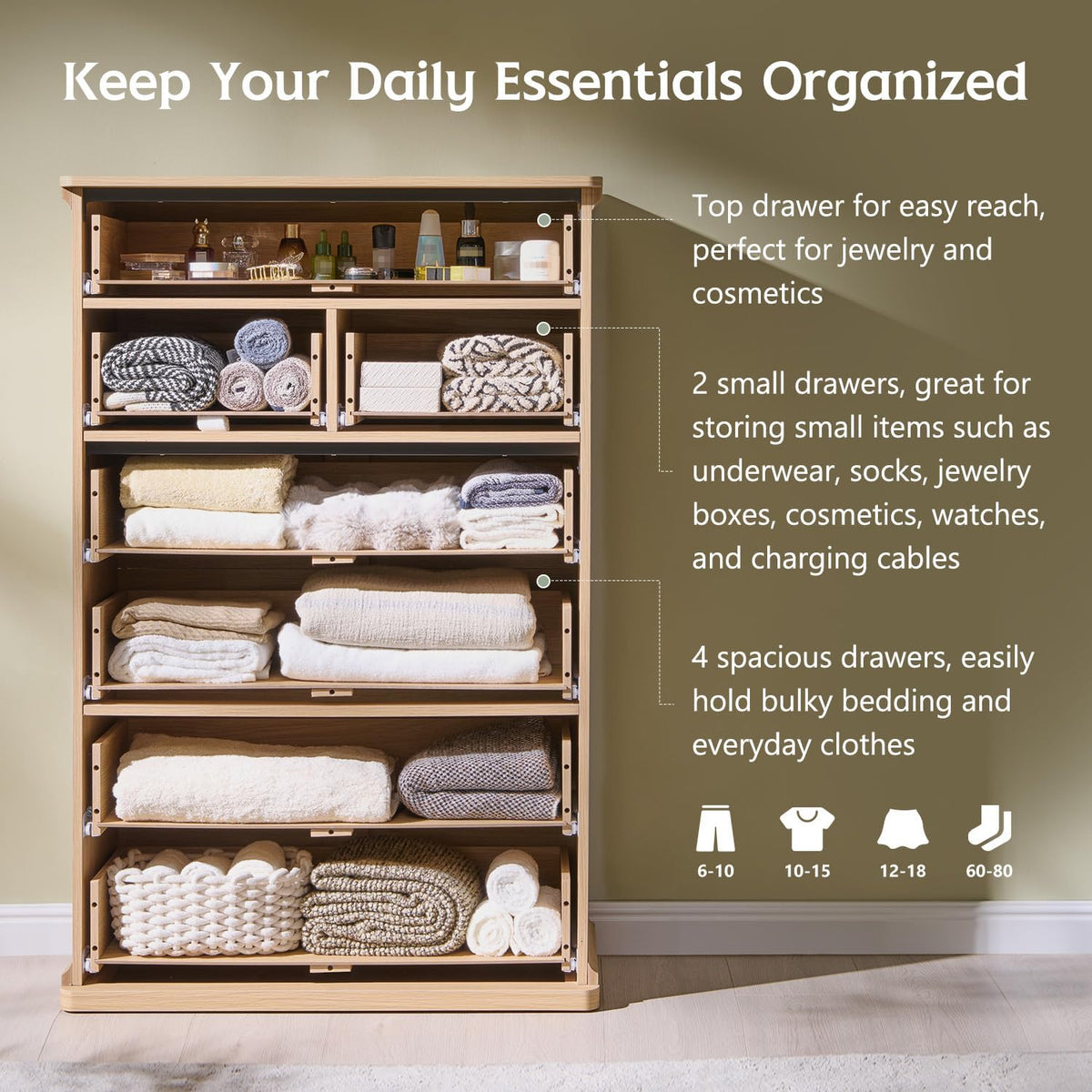 Modern 7 Drawers Dresser for Bedroom, 48" Tall Dressers，Natural Oak