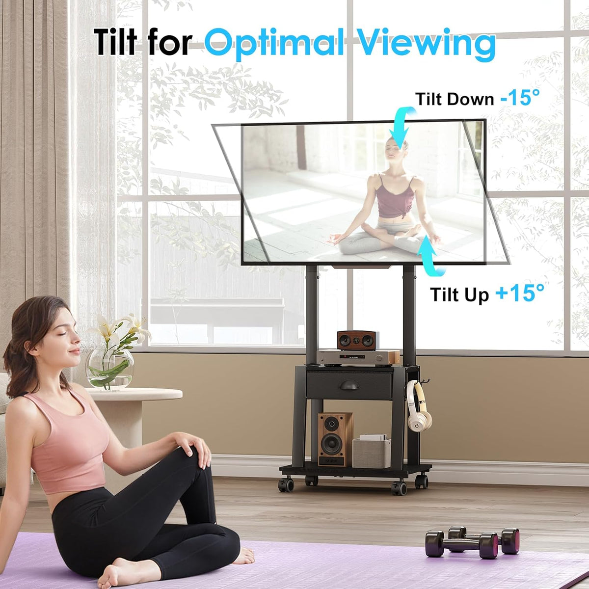 Mobile TV Stand with Drawer for 23-60 Inch TVs,Tilt Rolling TV Cart on Wheels with 2 Shelves Adjustable Height Portable TV Stand for Bedroom/Living Room Holds up to 50 lbs Max VESA 400x400mm