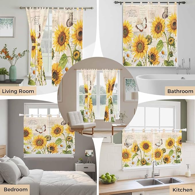 Yellow Sunflowers Kitchen Curtains 24 Inch Length, Small Window Curtains Tab Top