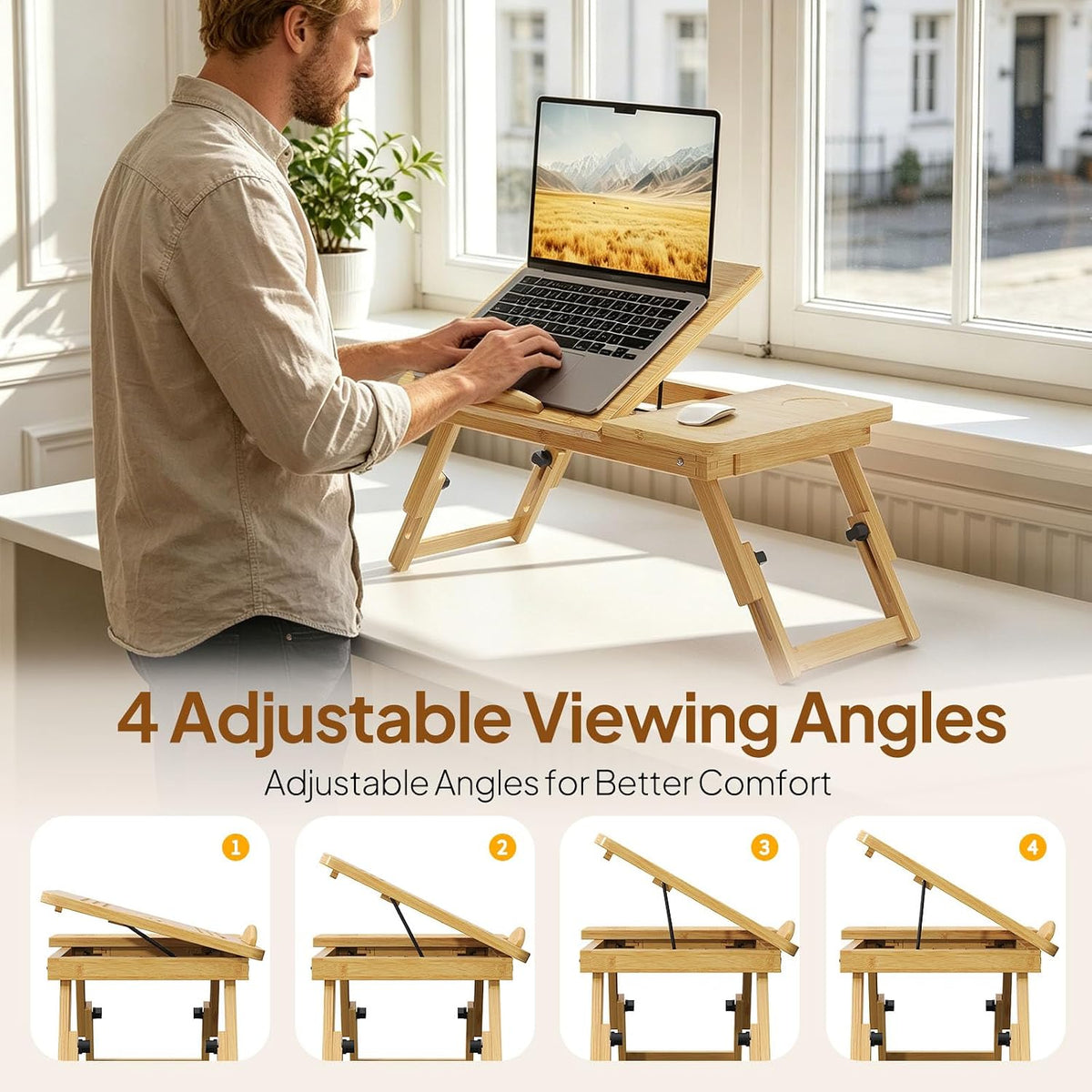 Bamboo Laptop Desk for Bed, Height & Angle Adjustable Foldable Lap Desk