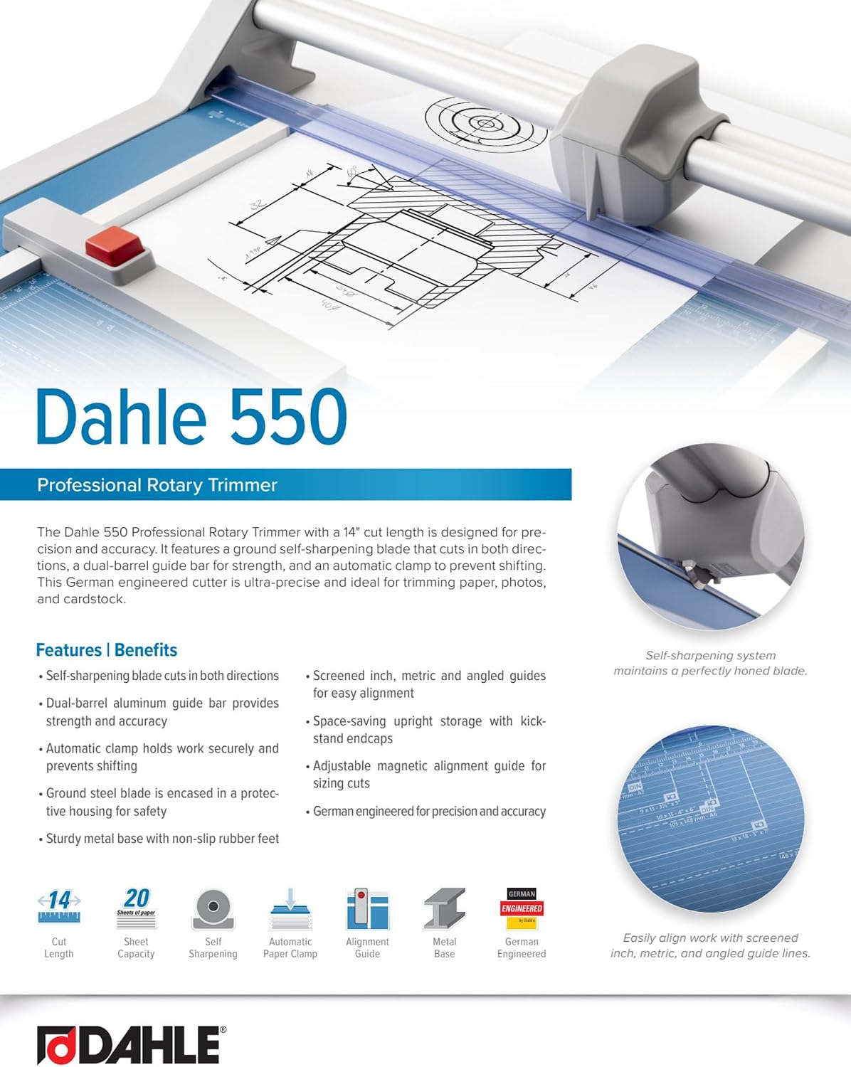 Dahle 550 Professional Rotary Trimmer, 14" Cut Length, 20 Sheet Capacity, Self-Sharpening, Dual Guide Bar, Automatic Clamp, German Engineered Paper Cutter