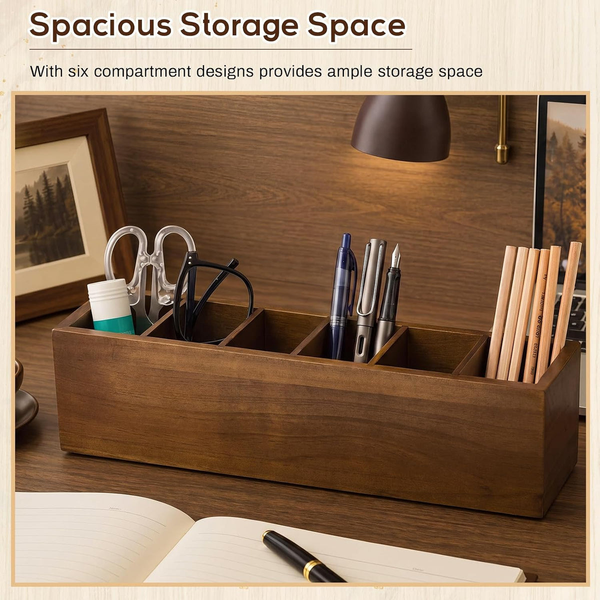 Jetec Wooden Pencil Pen Holder for Desk, Walnut, 6 Compartments