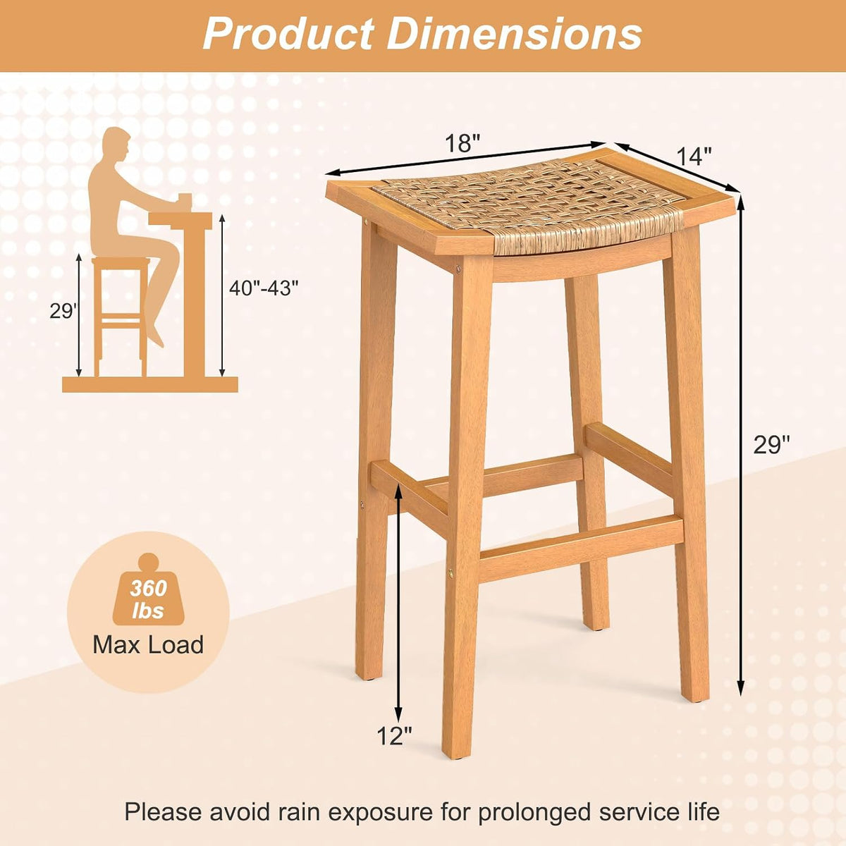 Giantex Outdoor Wooden Bar Stools Set of 4, 29" Backless Patio Barstools with PE Rattan Saddle Seat & Footrest, Solid Acacia Wood Bar Height Stools for Porch, Garden, Backyard, Poolside, Armless