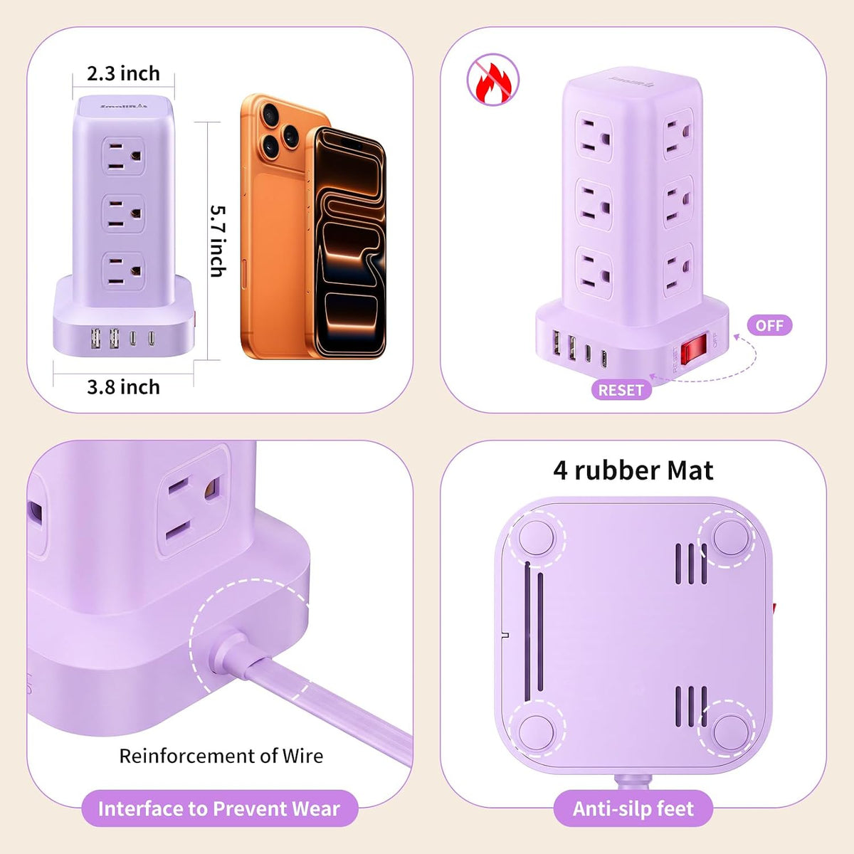 Extension Cord with Multiple Outlets, SMALLRT Power Strip Tower, Outlet Extender with 12 AC Outlets 4 USB, 6.5FT Extension Cord for Home Dorm Room, Office Supplies, Purple