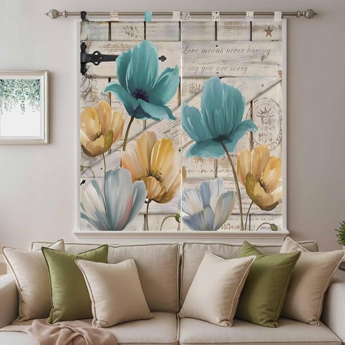 Watercolor Flowers Bedroom Curtains 72 Inch Length, Window Curtains Tab Top